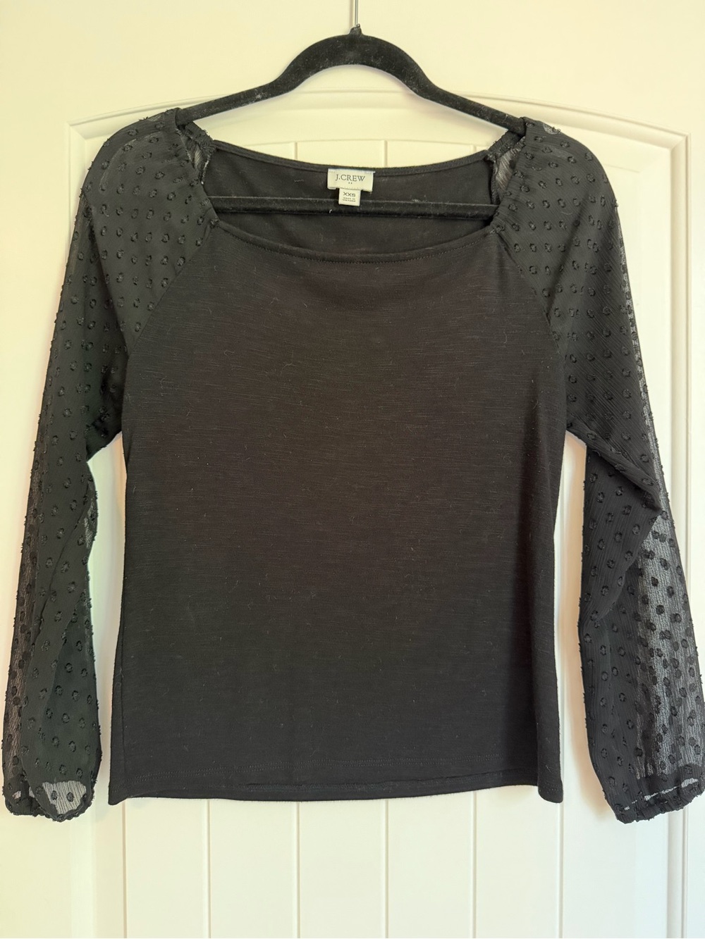 J. Crew Black Long-Sleeve Top with Swiss Dot Sheer Sleeves